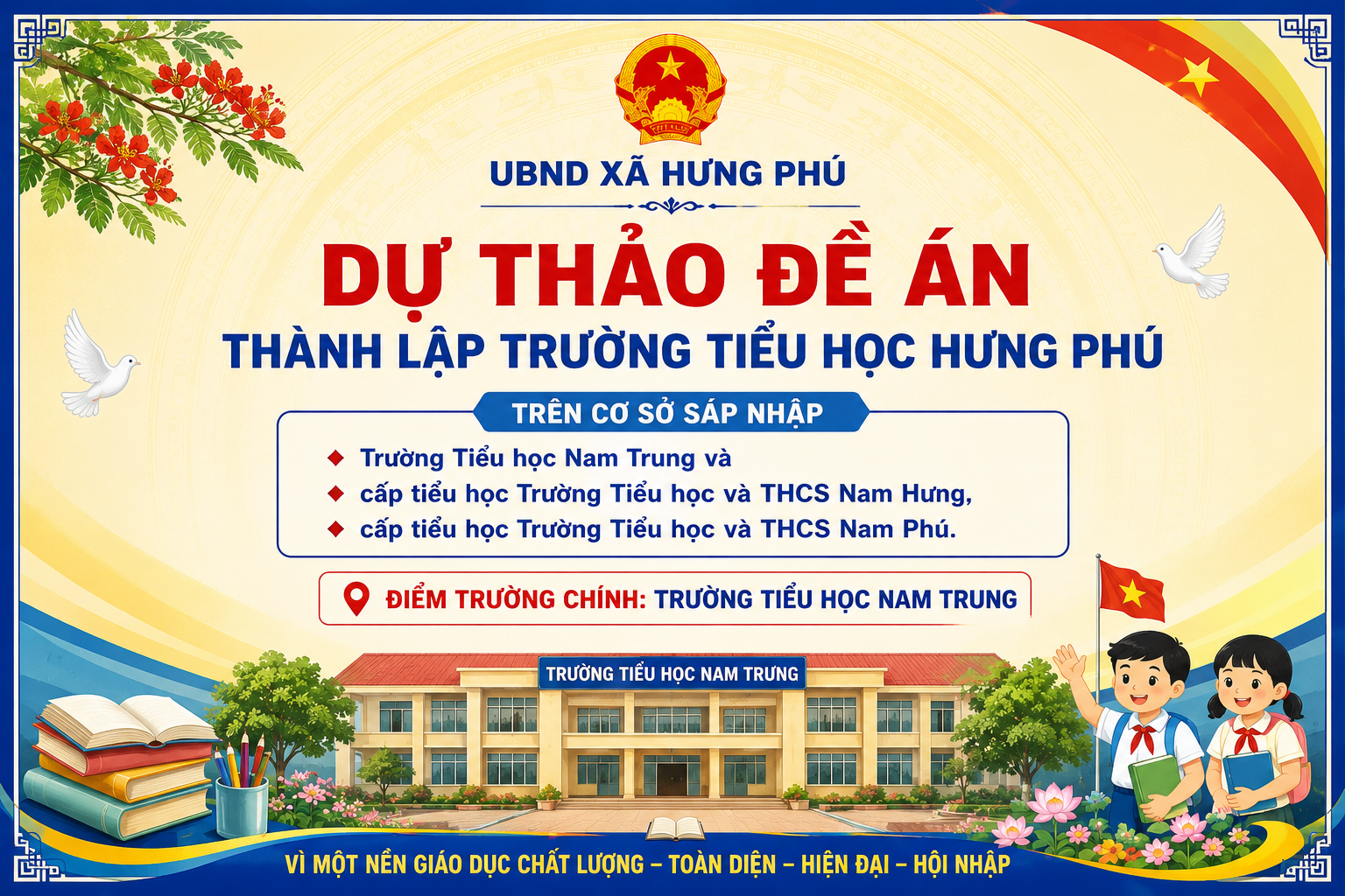 Dự thảo đề án thành lập Trường Tiểu học Hưng Phú trên cơ sở sáp nhập Trường Tiểu học Nam Trung và cấp tiểu học Trường Tiểu học và THCS Nam Hưng, cấp tiểu học Trường Tiểu học và THCS Nam Phú